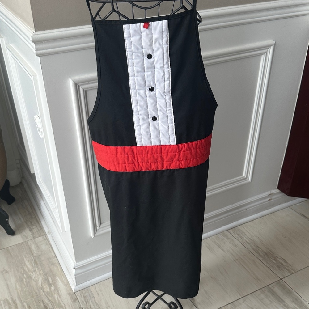 Elegant Black and White Apron with Red Trim
